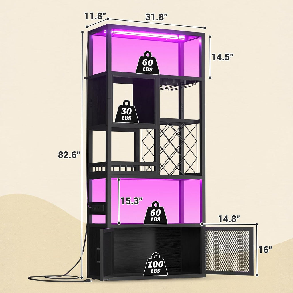 82.6" Tall Bar Cabinet with Power Outlets & LED Lights, Liquor Cabinet Bar , Reversible Coffee Station Wine Cabinet