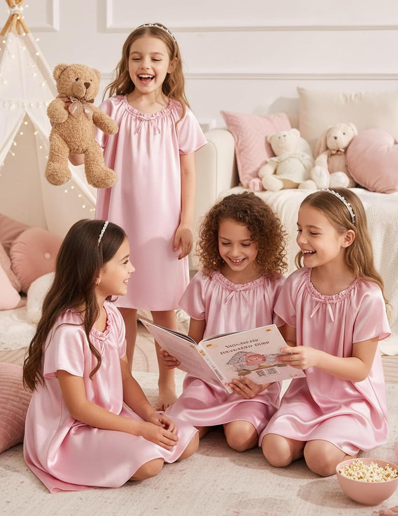 Girls Nightgowns Satin Pajama Dress Short Sleeve Sleepwear