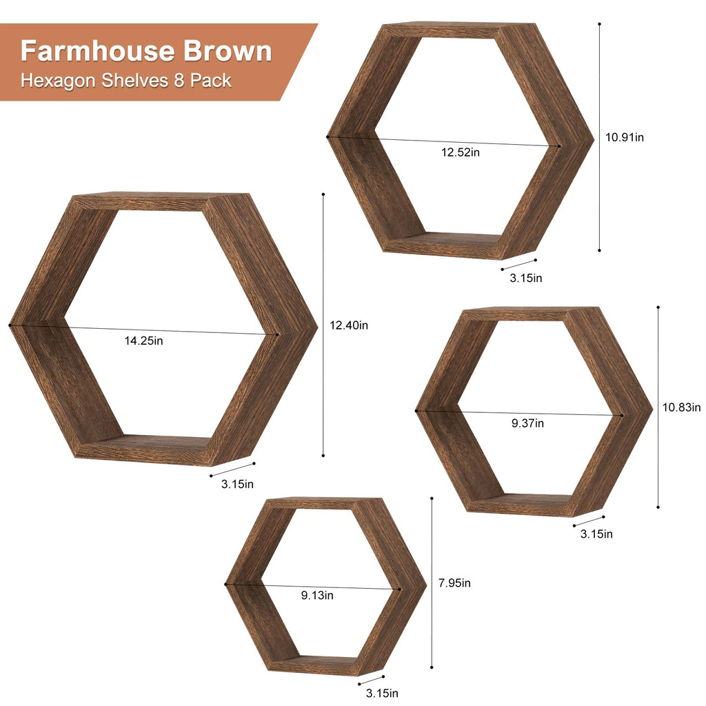 Hexagon Floating Shelves Set of 8 Wood Hexagonal Shelves Brown Wall Decor and Storage Racks Floating Honeycomb Plants