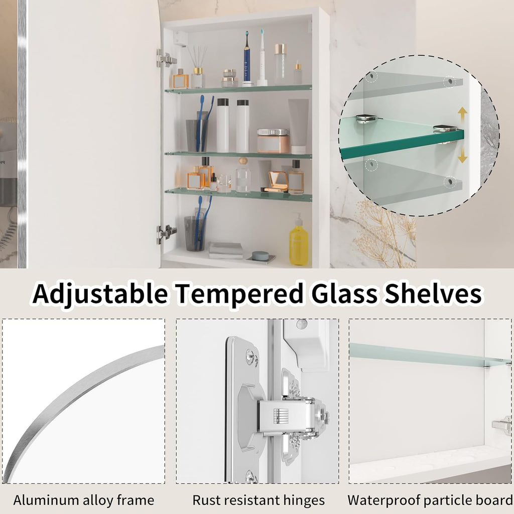 24x36 Inch Arch Bathroom Mirror Medicine,Cabinet,Brushed Silver Wall Mounted Bathroom Mirror with Storage,Adjustable