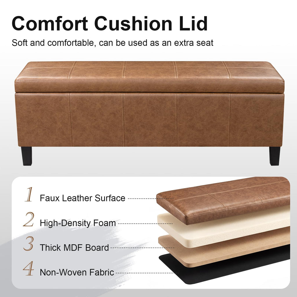 Faux Leather Storage Bench Ottoman, 50 Inch Upholstered Storage Bench with Large Compartment, Durable Accent Seating