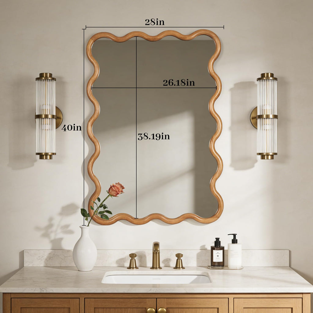 28"x40" Large Wavy Wood Mirror, Natural Wood Boho Accent Wall Mirror with Solid Wooden Frame, Decorative Wall Mirror