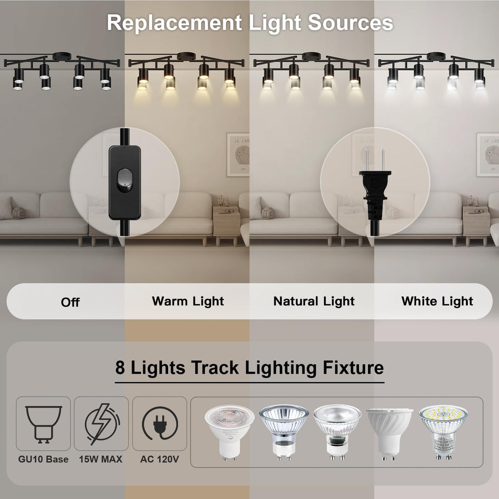 Plug in Track Lighting LED, Track Lighting Fixtures Ceiling, Black 8-Light Kitchen Light Kit, Plug in Wall Light