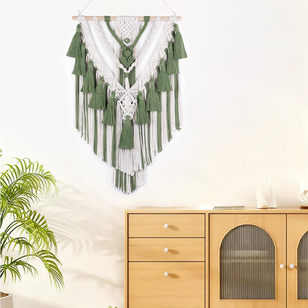Green Macrame Wall Hanging Boho Macrame Wall Decor with Yarn Tassel Bohemian Tapestry Woven Wall Art Bedroom Home