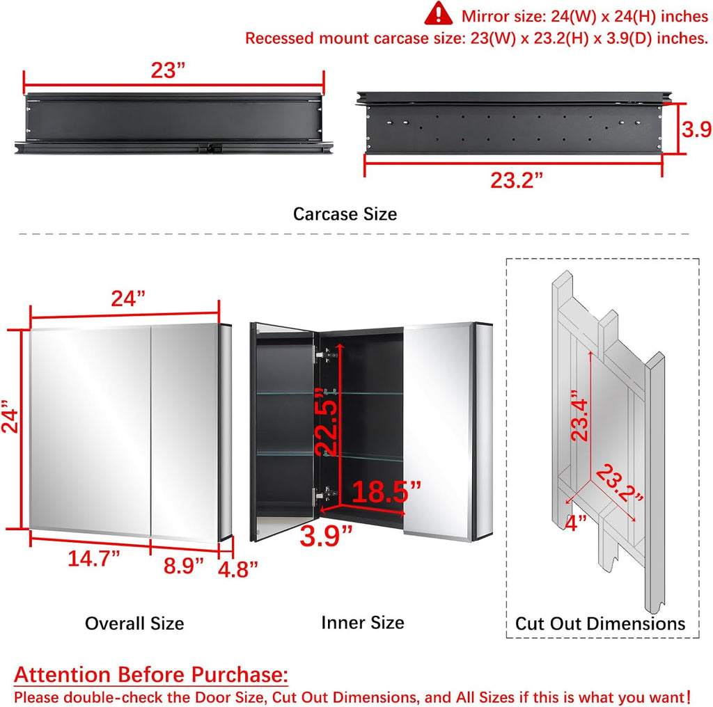 24 x 24 Black Double Door Bathroom Medicine Cabinet with Mirror, Wall Mount | Two-Door Bathroom Wall Mirror Cabinet