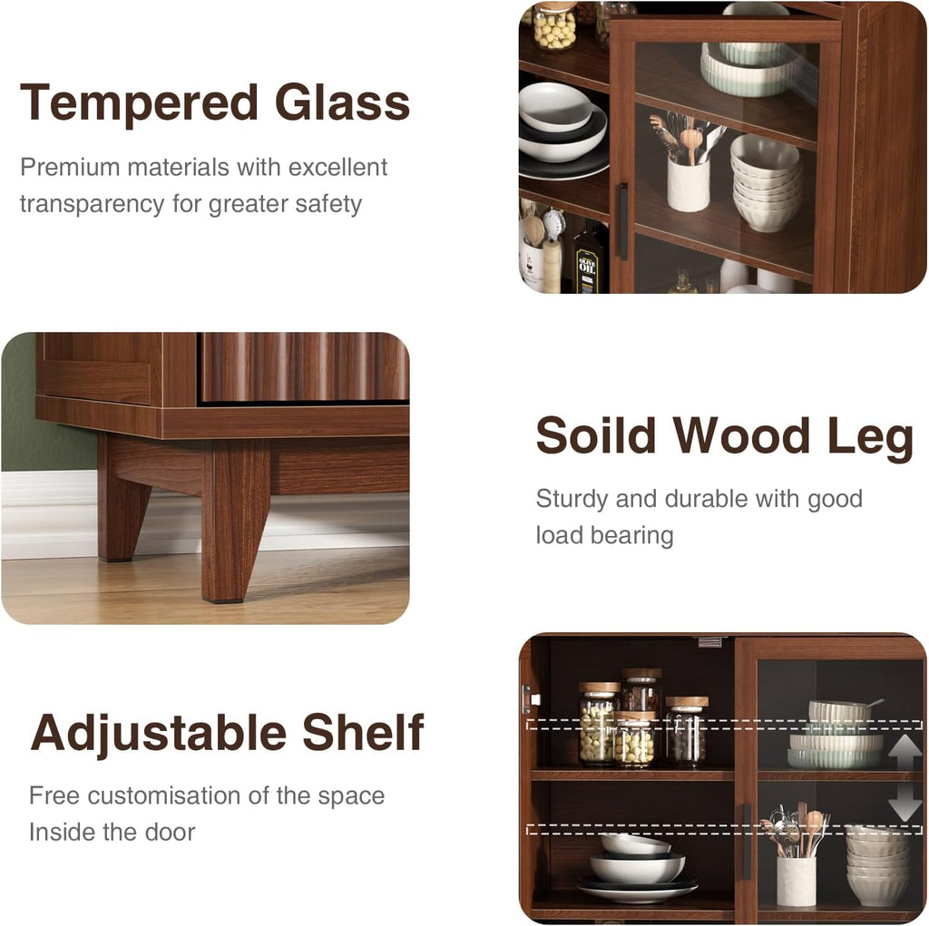 Kitchen Pantry Cabinet with Glass Doors, Arched Design,Walnut | Solid Wood Legs, Artistic Fluted Doors, Adjustable