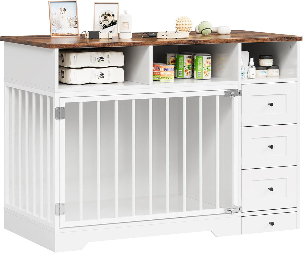 Large Dog Crate Furniture, Farmhouse Wooden Dog Kennel Furniture with Dog Bowl & 6 Storage Drawers, Heavy