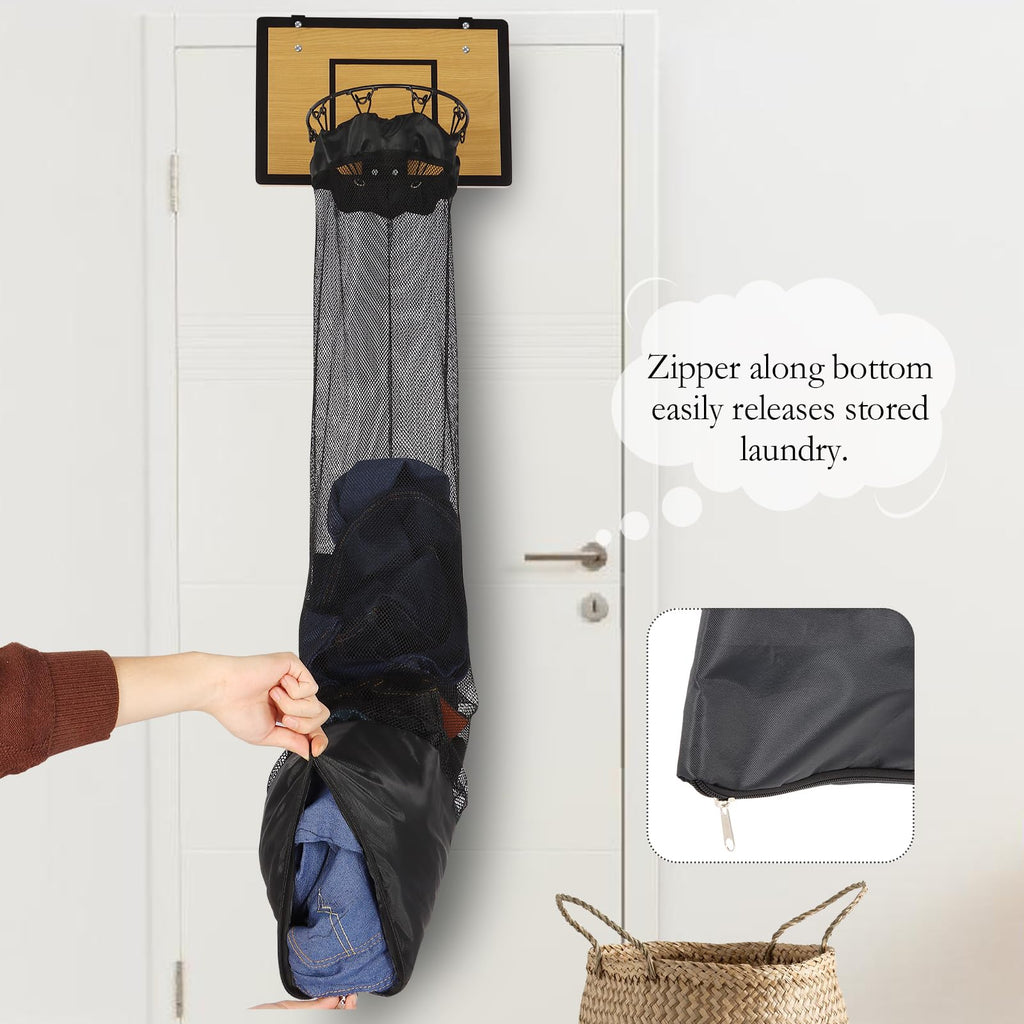 Over the Door Basketball Hoop Laundry Basket, Wooden Basketball Laundry Hamper with Zipper for Kids Room, Dorm