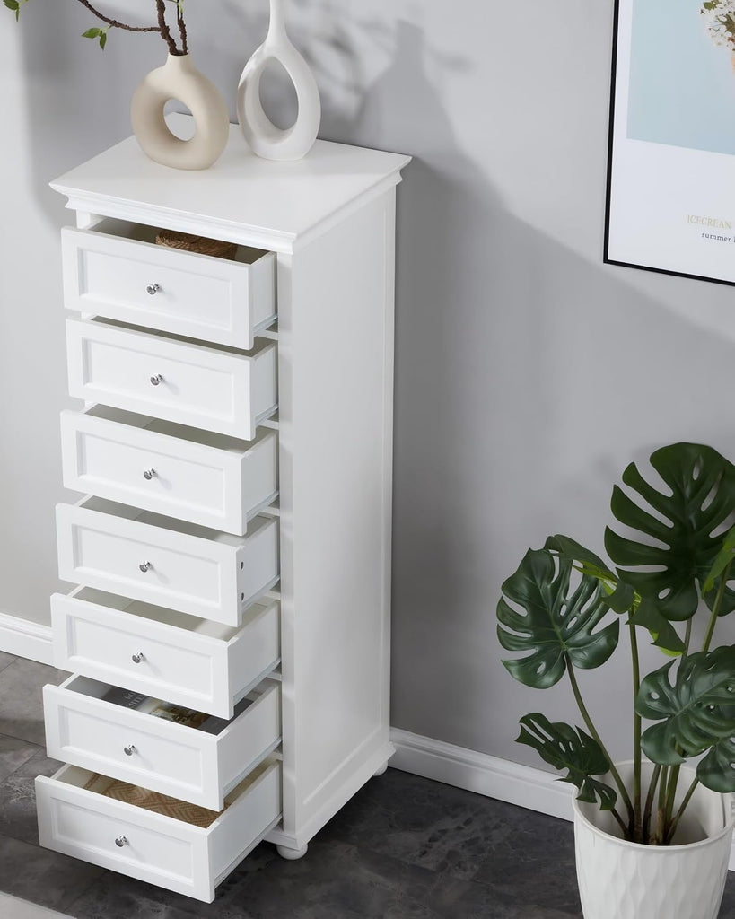 Tall Skinny Dresser with 7 Drawers, White Narrow Wood Dresser | Tall Vertical Chest of Drawers Dresser for Closet