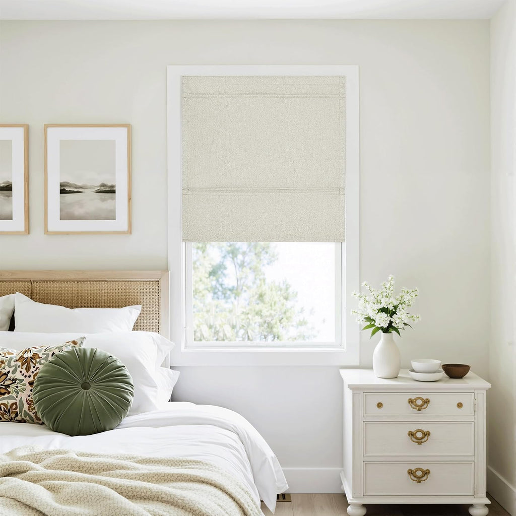 100%Blackout Roman Shades for Windows, Linen Fabric No Drill Magnetic Blind with Adhesive Tape, Thermal Insulation