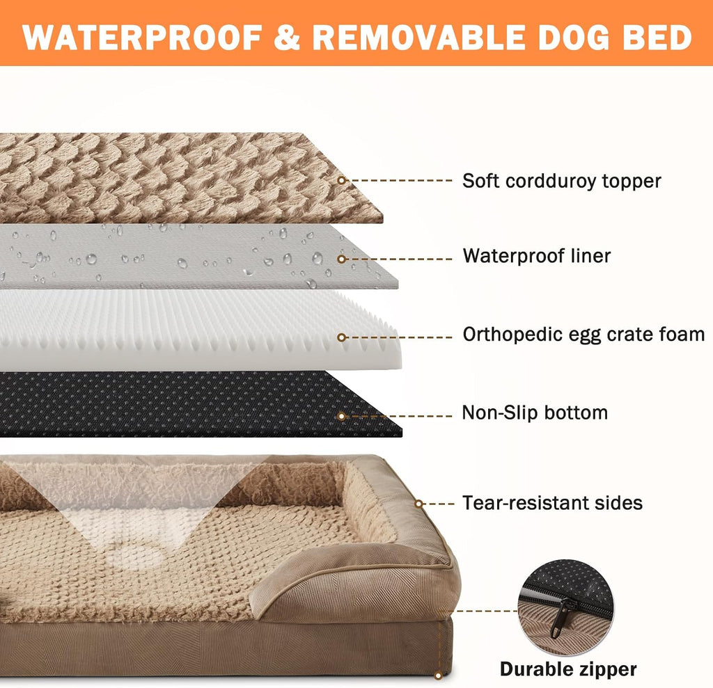 XXL Orthopedic Dog Bed with Headrest, Waterproof Dog Couch Bed with Removable Washable Cover, Dog Sofa Bed, Egg-Crate