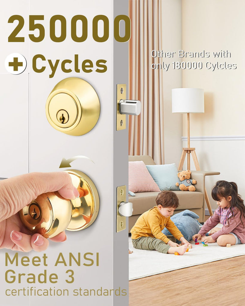 2 Pack Keyed Alike Front Door Knob and Deadbolt Set, Entry Door Locksets with Single Cylinder Deadbolt, Polished