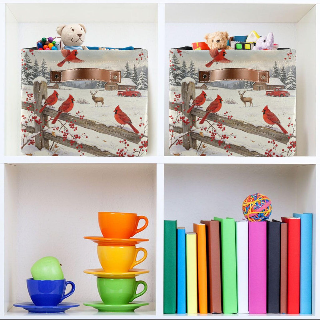 Christmas Cardinal Birds Storage Basket Farm Truck Fabric Laundry Baskets Storage Bins Boxes Foldable Cloth Organizer