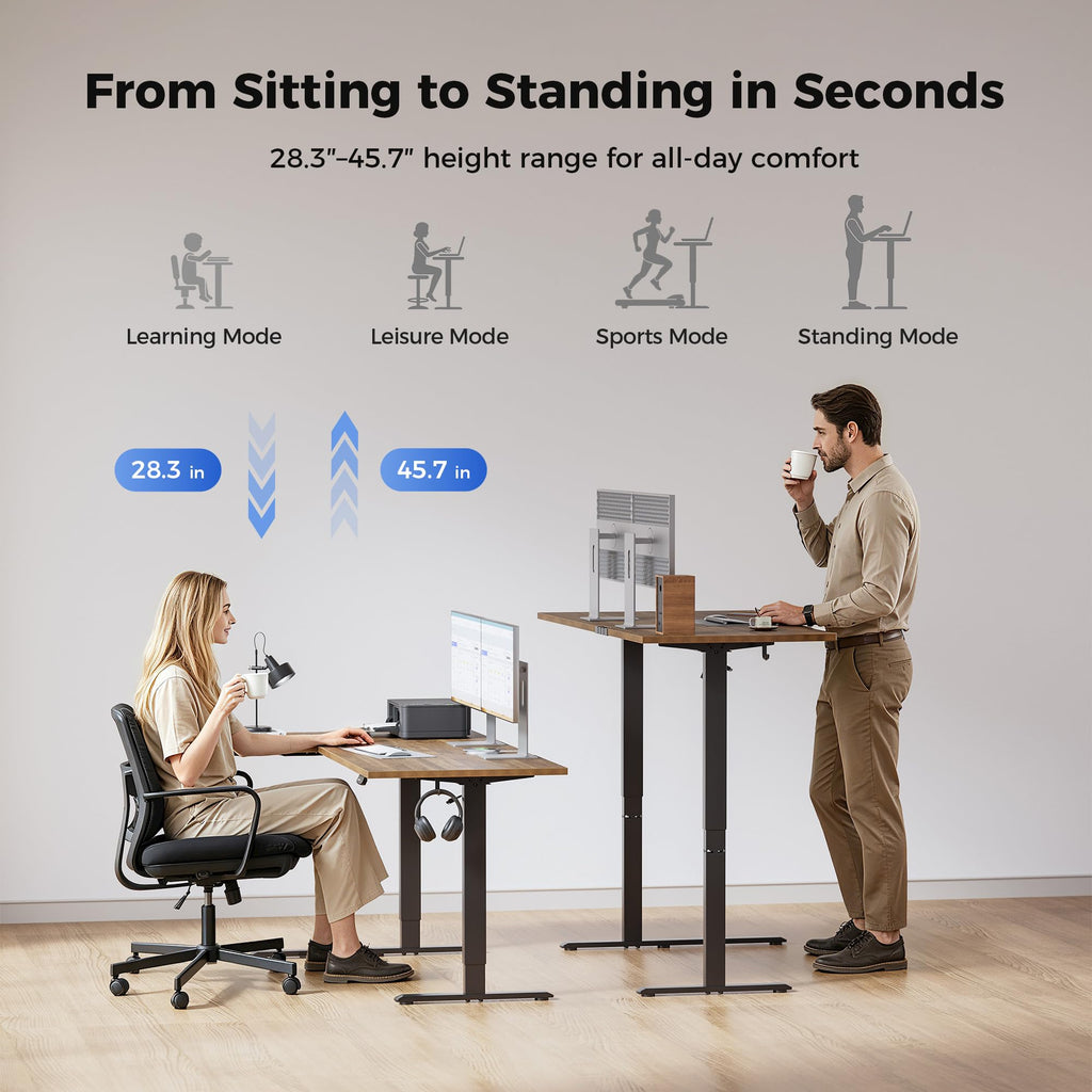 63 * 35 Inch Reversible L Shaped Electric Standing Desk, Walnut