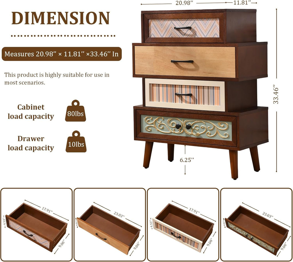 Boho Accent Cabinet with Drawers, Narrow Storage Cabinet for Small Spaces, Multi-Drawer Chest , 26"