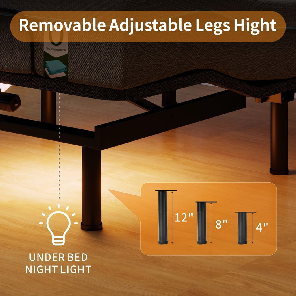 Twin XL Adjustable Bed Frame with Massage, Electric Bed Base with Wireless Remote, Head/Foot Incline, Zero Gravity
