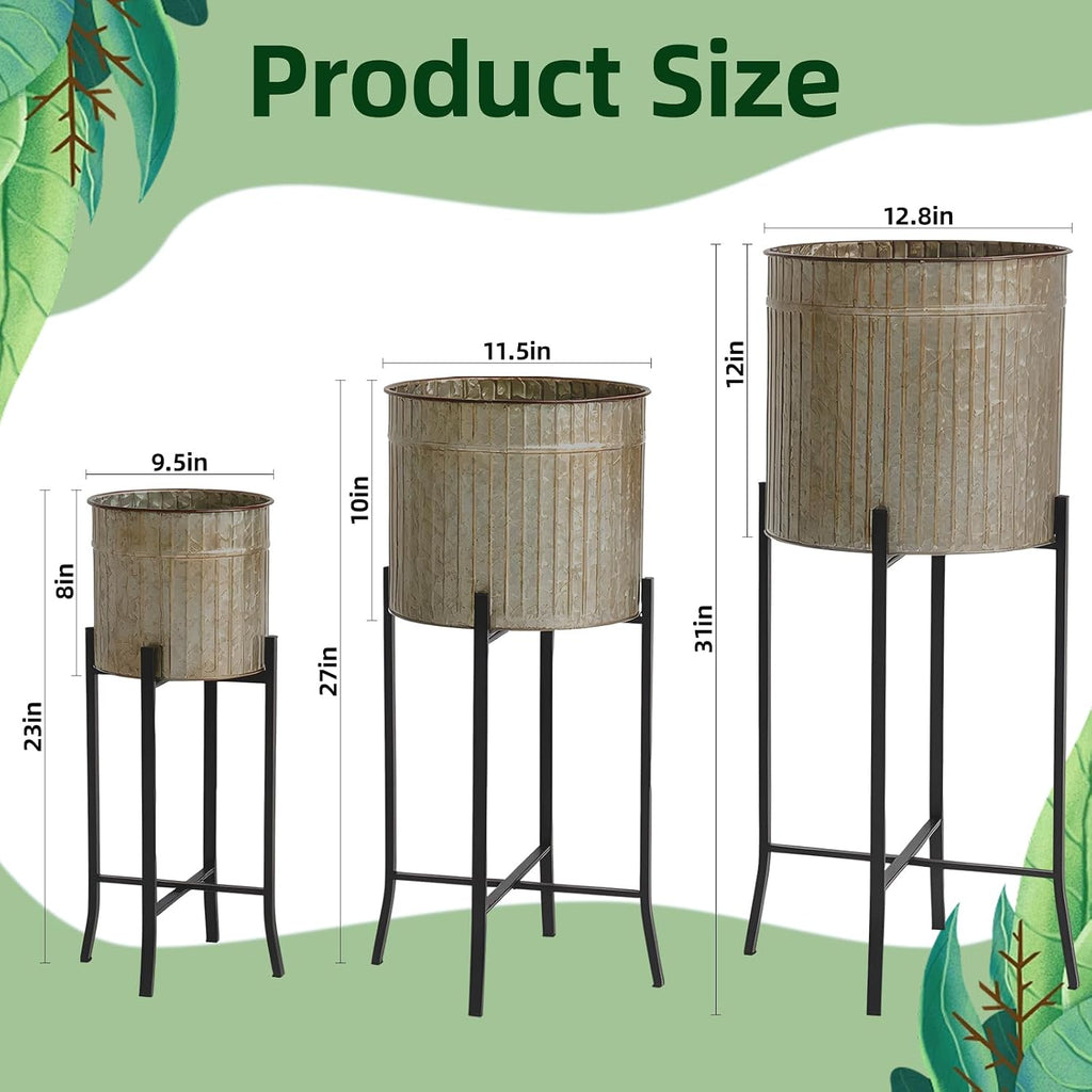 Set of 3 Planters with Stand, 23'' 27'' 37'' H Corrugated Galvanized Planters Pot with Removable Stand Farmhouse