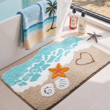 Blue Beach Bathroom Rugs Ultra Soft Microfiber Washable Absorbent