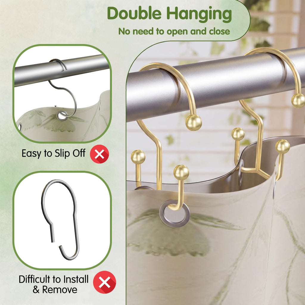 Shower Curtain Hooks, Metal Shower Curtain Rings, Gold Shower Curtain Hooks Rust Proof, Double Shower Rings for