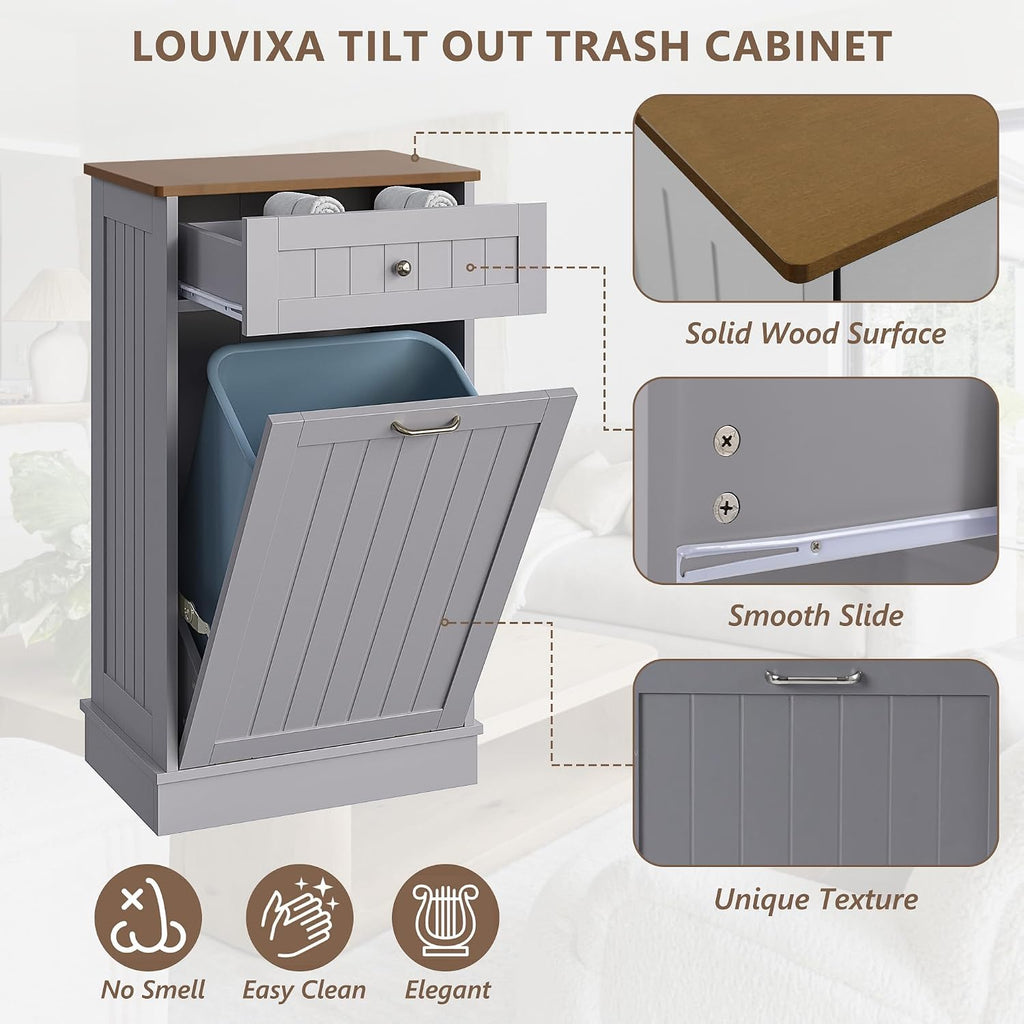 Tilt Out Trash Can Cabinet, Garbage Can Cabinet, Dog Proof Pull Out Trash Can Wood, Gray