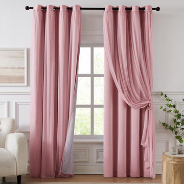 100% Blackout Curtains, Double Layer Pink Curtains, Black Out Curtain 84 inch Long with Sheer Overlay, Room Darkening