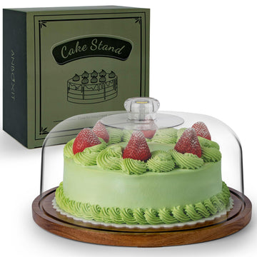 Cake Stand with Dome Lid, Acacia Wood Cake Plate with Cover