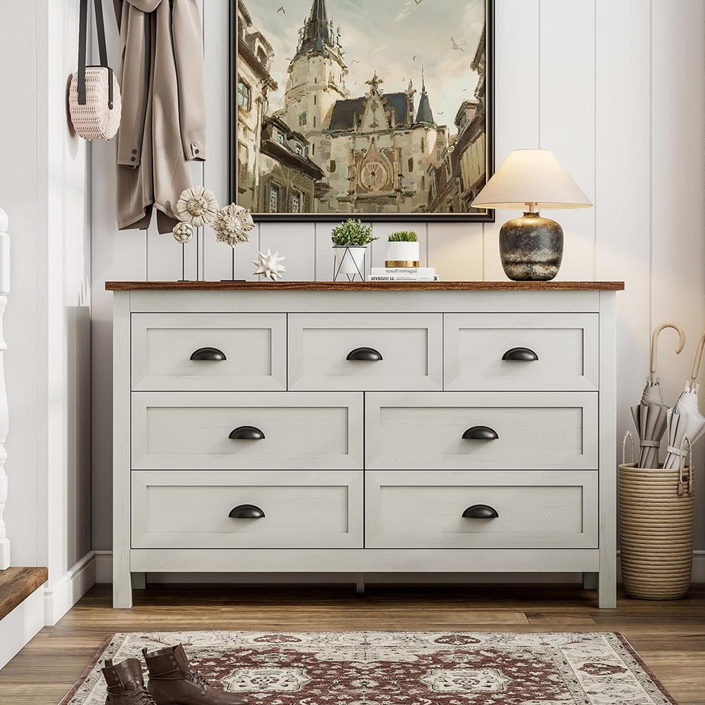 Antique White 7 Drawer, Farmhouse Wood Chest