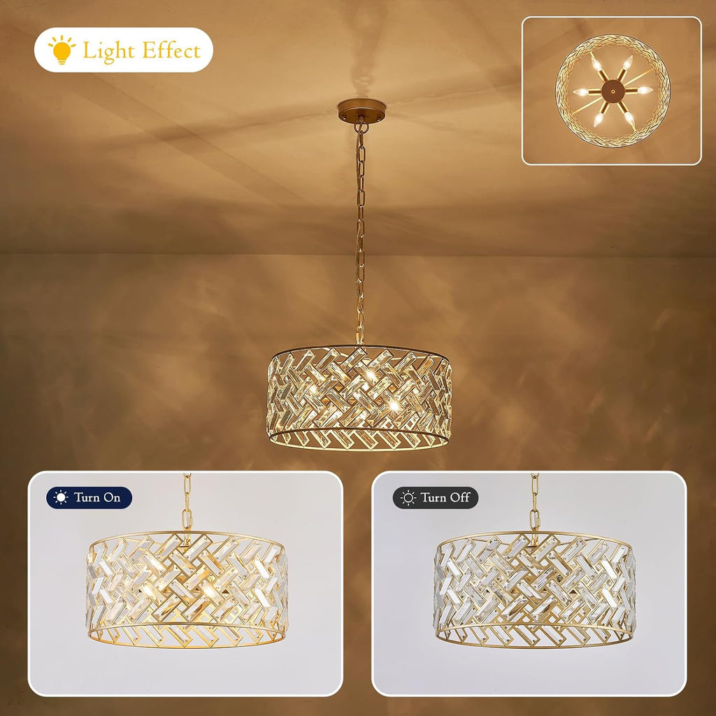 Gold Crystal Chandelier, 18" Modern Drum Ceiling Light Fixture, Luxury 6-Light K9 Crystal Pendant Lighting