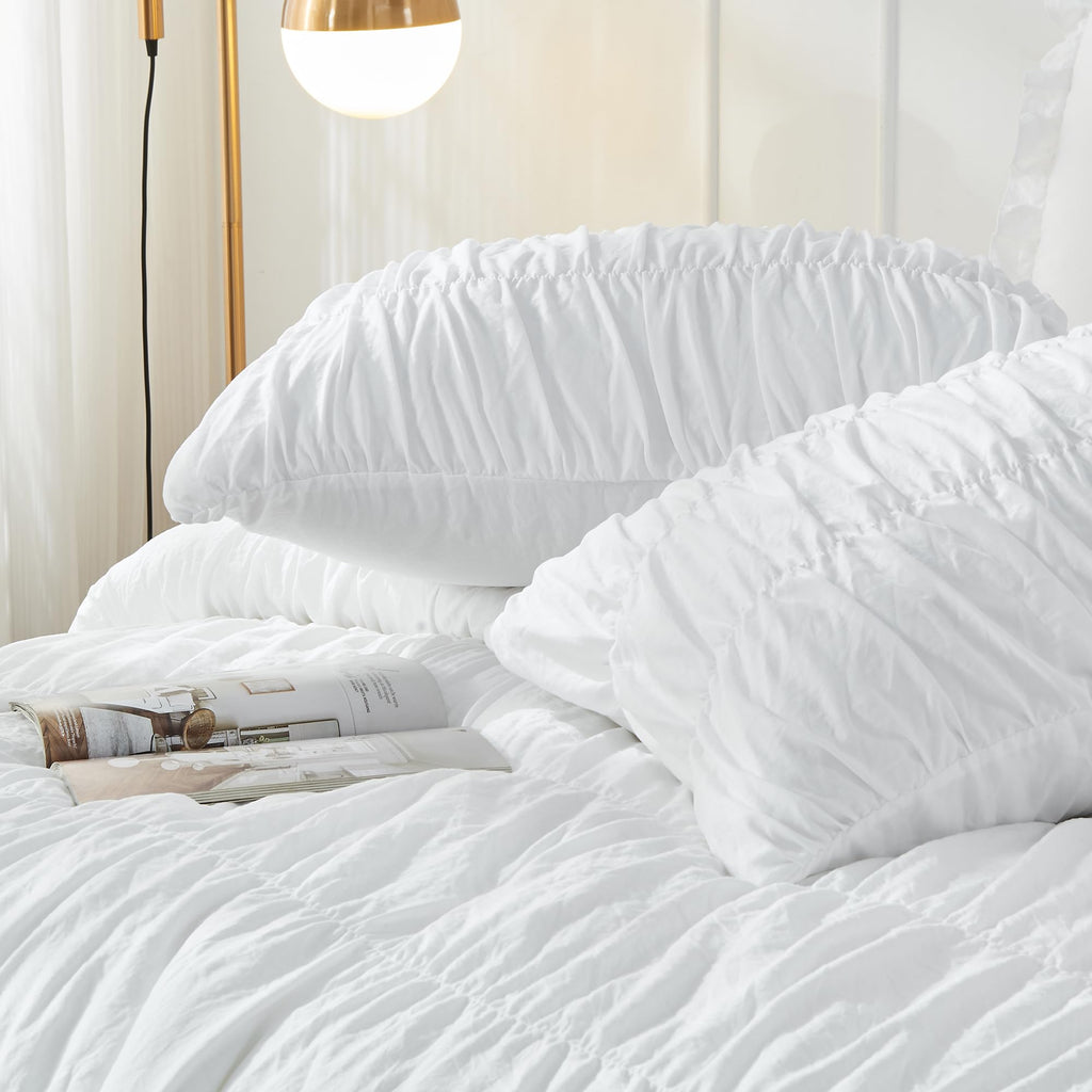 King Size Comforter Set - Ruched White Comforter King Bed Set Boho Bedding - Fluffy 3 Piece Ruffle Comforter Set with