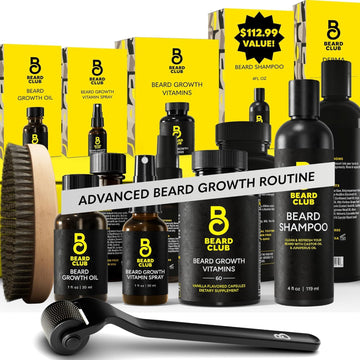 Advanced Beard Growth Kit - Derma Roller, Growth Oil, Vitamins and Vitamin Spray, Shampoo and Boar Bristle Brush