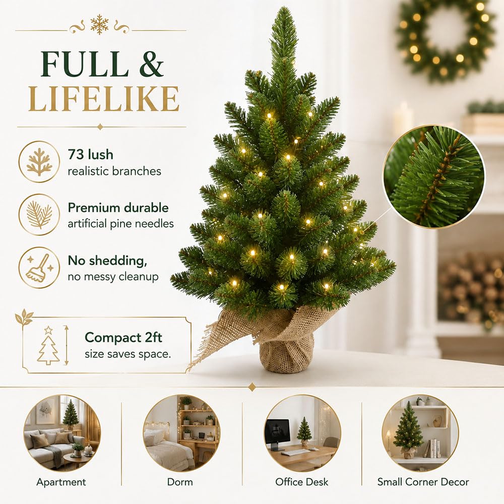 Small Christmas Tree with Lights, 2ft Table top Mini Xmas Tree