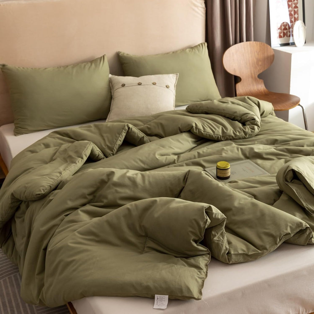 Queen Comforter Set Olive Green, 3pcs Bedding Sets Queen (1 Boho Olive Comforter & 2 Pillowcases)
