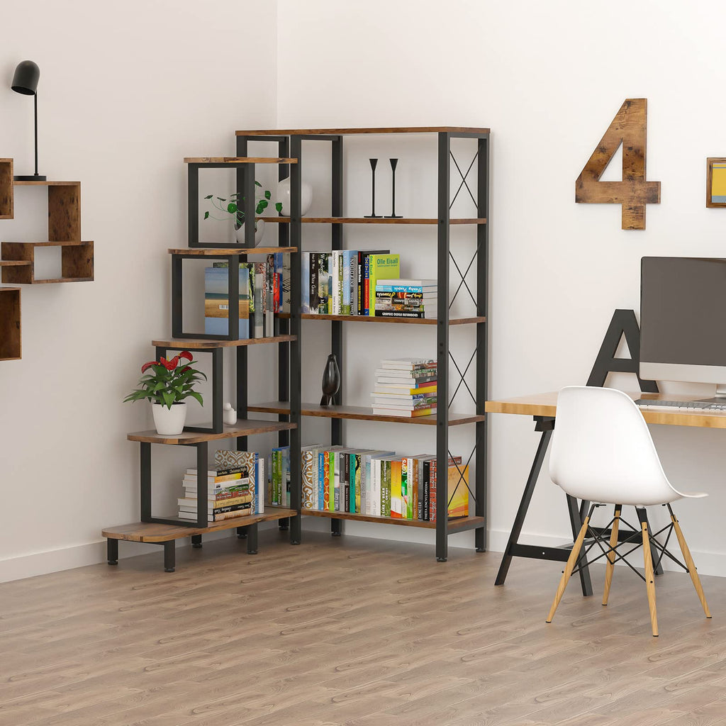 Large Corner Bookshelf Bookcase, Industrial Reversible 5 Tier Ladder Shelves Storage Display Rack with Metal Frame