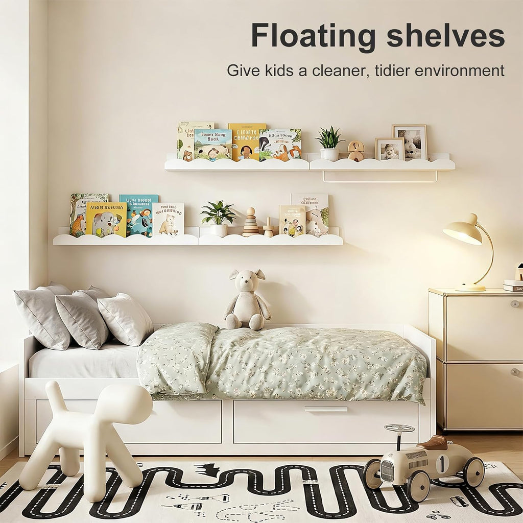 Nursery Shelves, 16.5 Inch Floating Bookshelves for Wall Set of 4, Scalloped Wall Book Shelves with Towel Rack