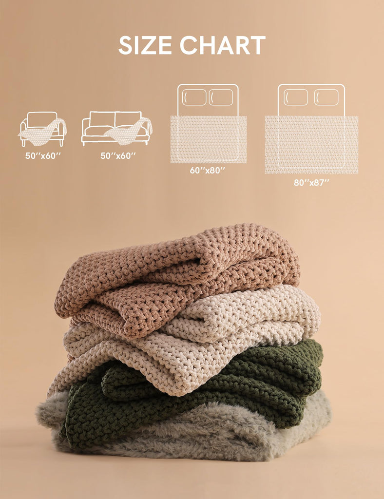 Chunky Cotton Knit Throw Blanket, Cable Knit Throws for Bed Couch Sofa, Comfy & Relaxing, Decorative Piece for