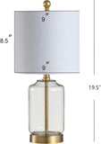 19.5" Brass Gold and Clear Glass Table Lamp, Glam Transitional Bedside Lamp Nightstand, White Linen Drum Shade