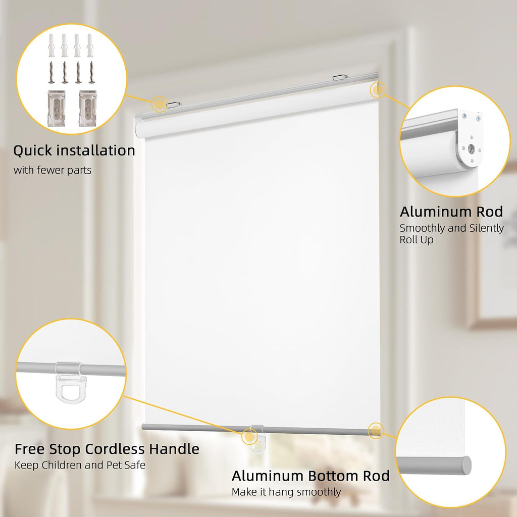 Cordless Free-Stop 100% Blackout Blinds for Windows, Roller Windows Shades with Thermal Insulated, UV Protection