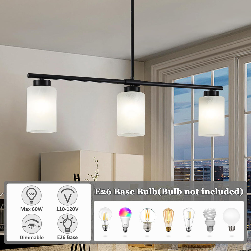 31" Kitchen Island Lighting 3 Light Black Pendant Light Island with Milk Glass Shade Modern Linear Chandelier