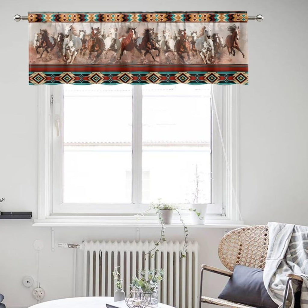 Western Horse Kitchen Valance Curtain for Small Windows Tribal Aztec Pocket Short Blackout Curtains Window Treatment