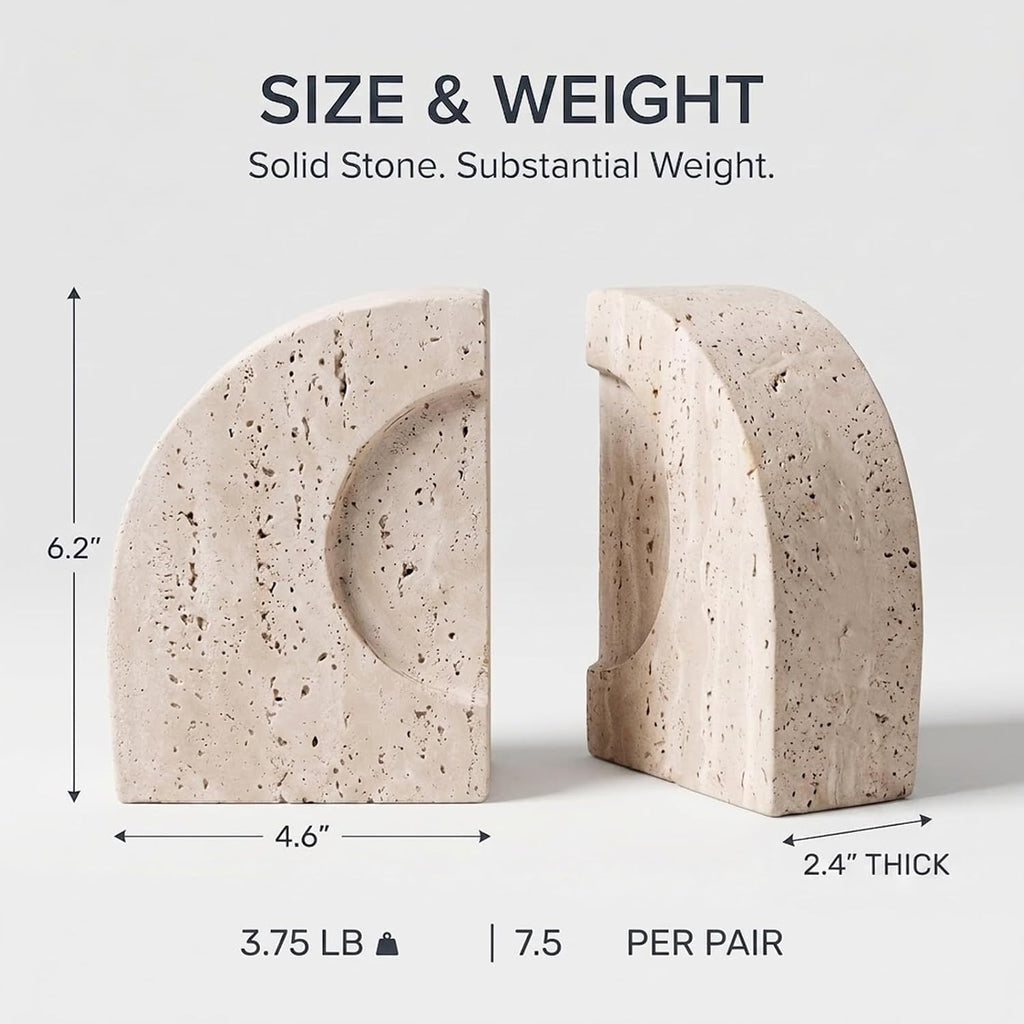 Travertine Book Ends, Decorative Stone Bookends for Shelves, Heavy Bookends | Natural StoneBook Stopper | Sculptural