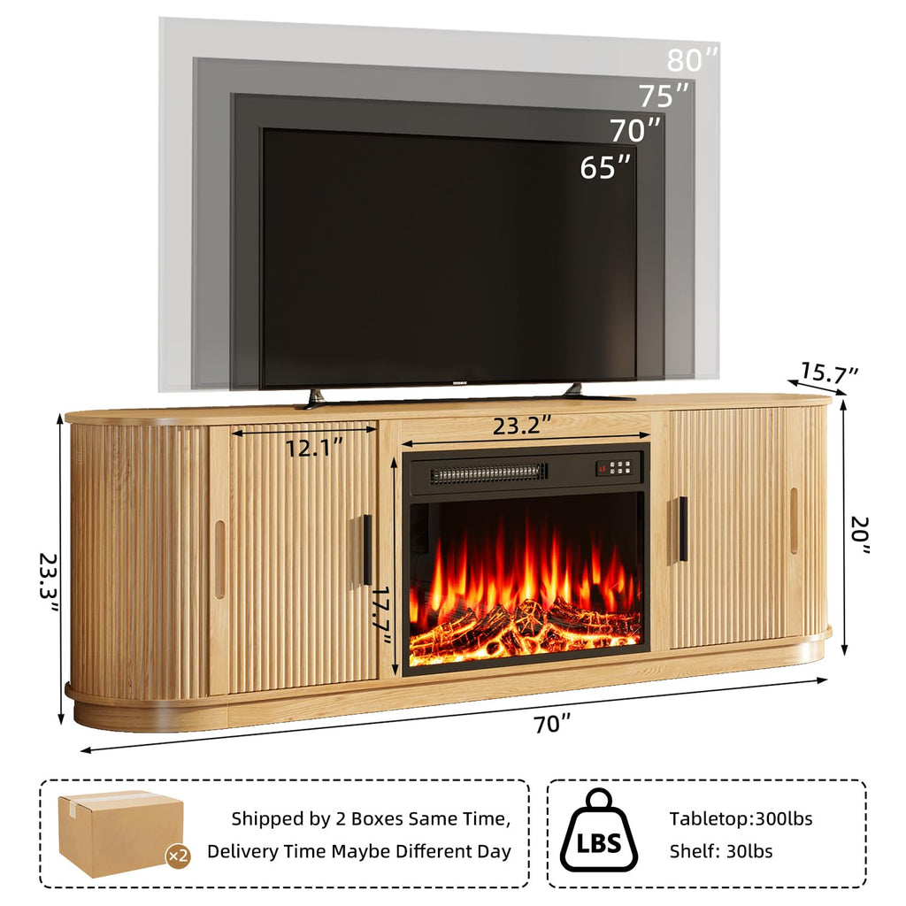 Fluted 70 TV Stand with 23" Electric Fireplace Heater, Entertainment Center with Storage and Adjustable