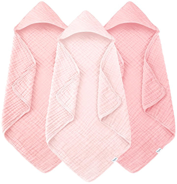 Muslin Hooded Baby Bath Towels - 3 Pack 100% Cotton Ultra-Soft Towels for Newborns, Infants, Toddlers - 32x32 Inch