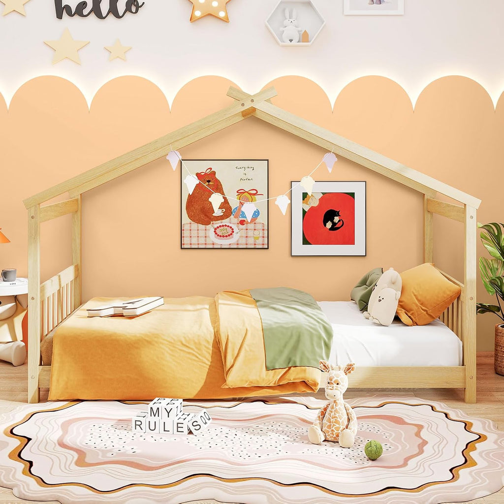 House Bed Twin, Solid Wood Kids House Bed with Roof, Headboard and Footboard, Low Floor Twin Bed Frame for Kids Teens