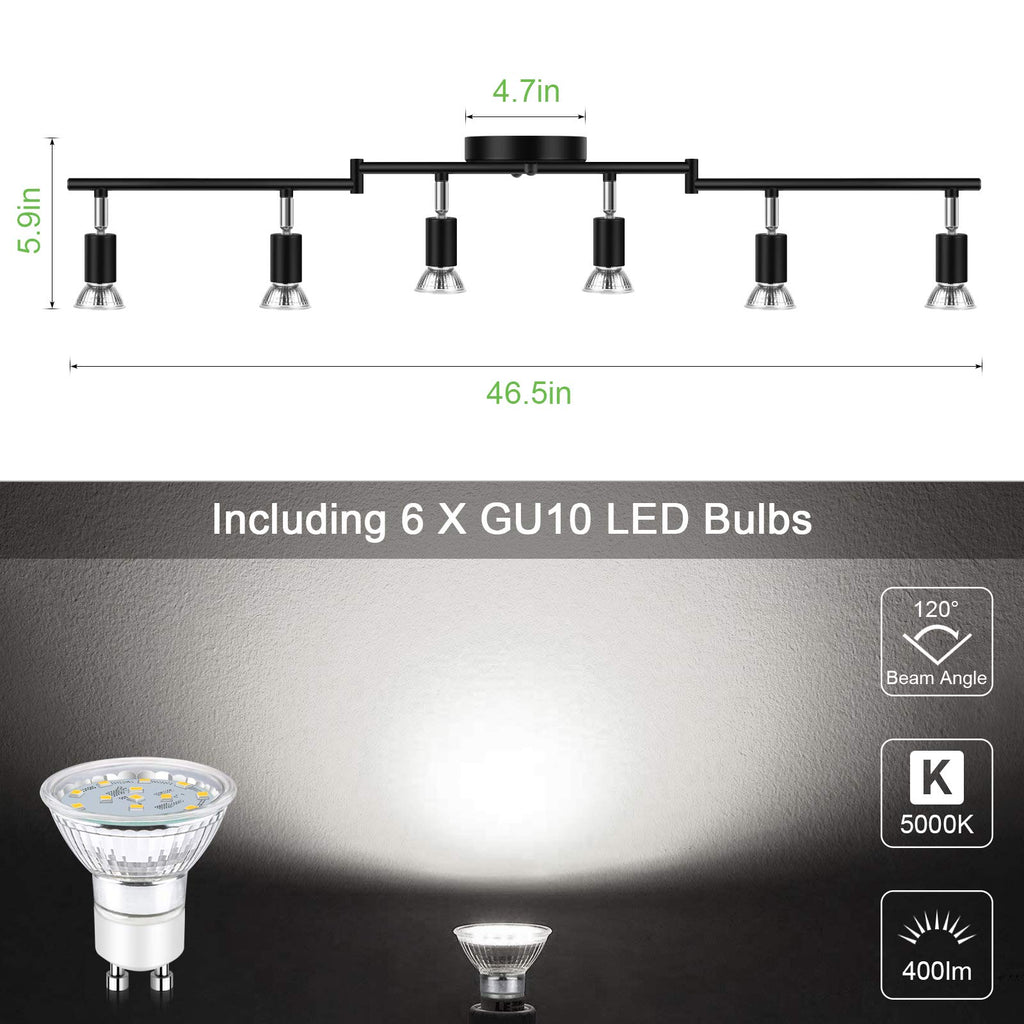 LED 6 Light Track Lighting Kit, 46.5'' Black 6 Way Ceiling Spot Lighting, Flexibly Rotatable Head, Track Light