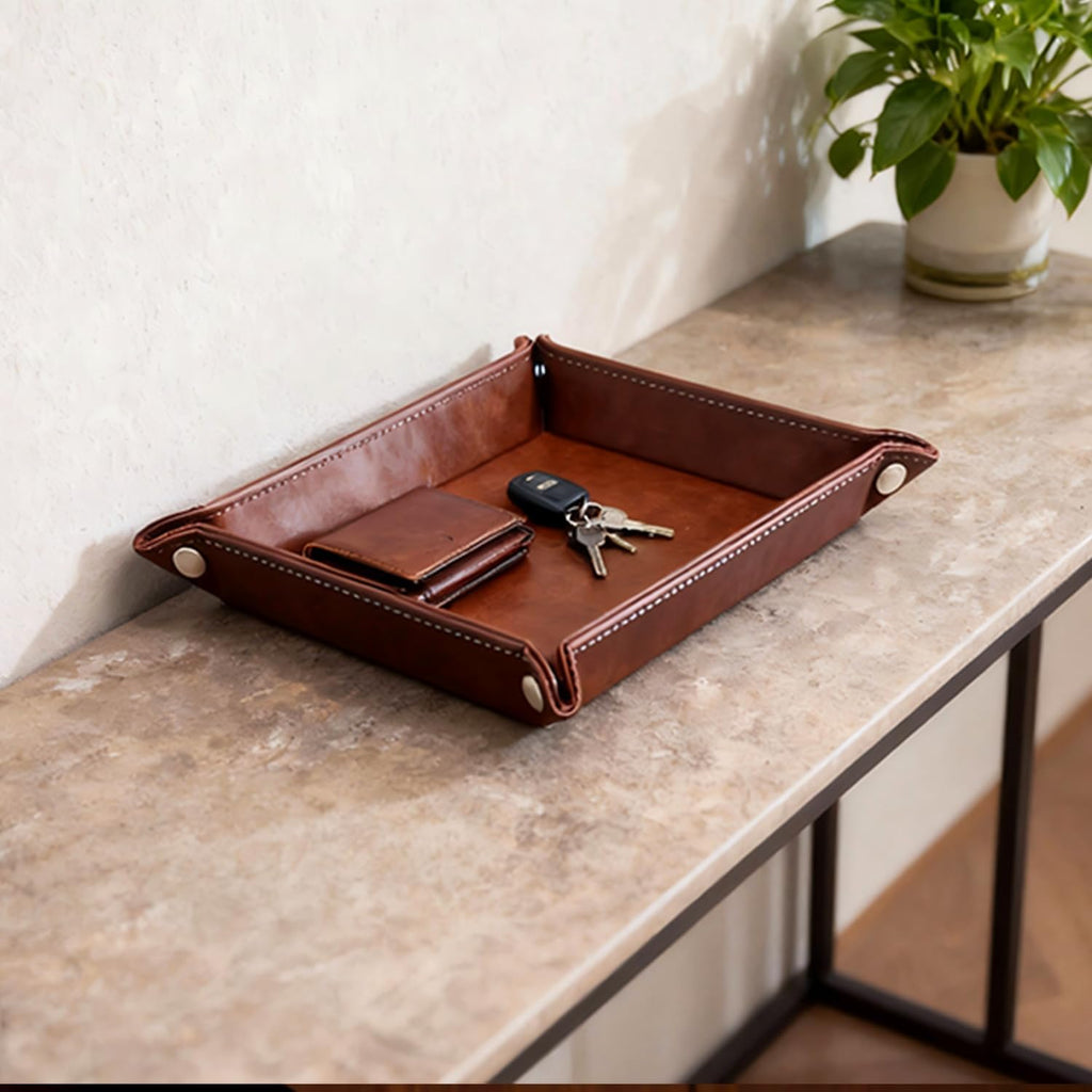 Leather Valet Tray Organizer, Catchall Tray, Desktop Storage for Keys, Coins, Wallet, Phone, Jewelry | Multi-Use