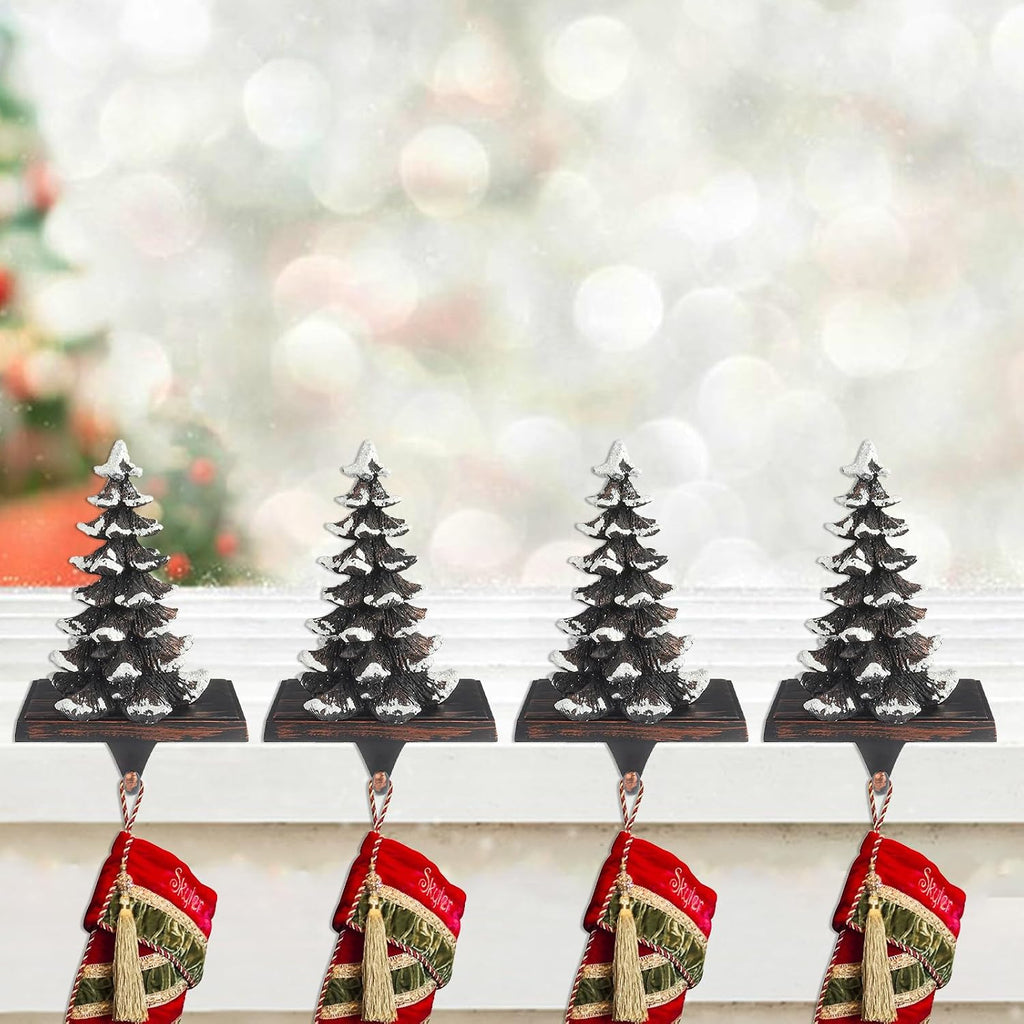 Christmas Stocking Holders for Mantle Set of 4 Snow Brown Vintage Xmas Tree with Non-Skid Stockings Holders for