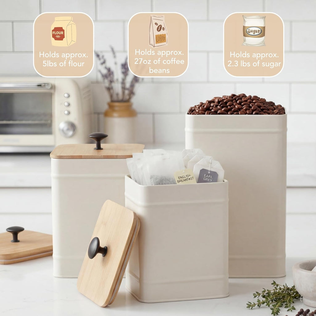 Kitchen Canisters for Countertop, Airtight Canisters Sets for the Kitchen Counter with Lid, Metal Farmhouse - Set of 3