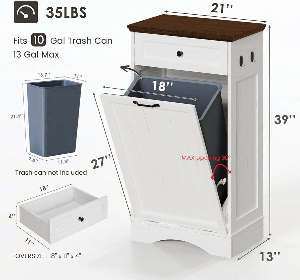 Tilt Out Trash Can Cabinet 13 Gallon Hidden Trash Garbage Can Cabinet with Drawer, Waterproof Cutting Board, Pet Proof