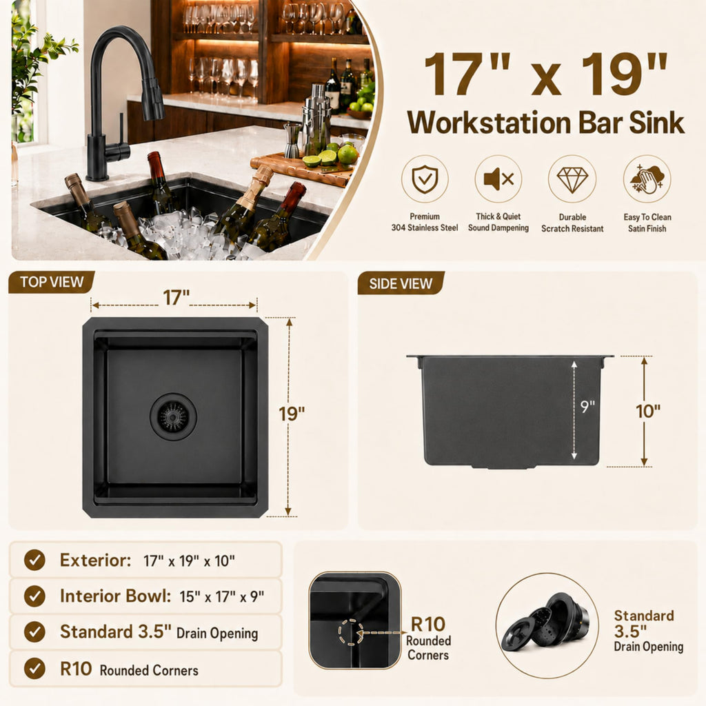 17"X19" Black Undermount Bar Sink, Bar & Prep Sink with Workstation