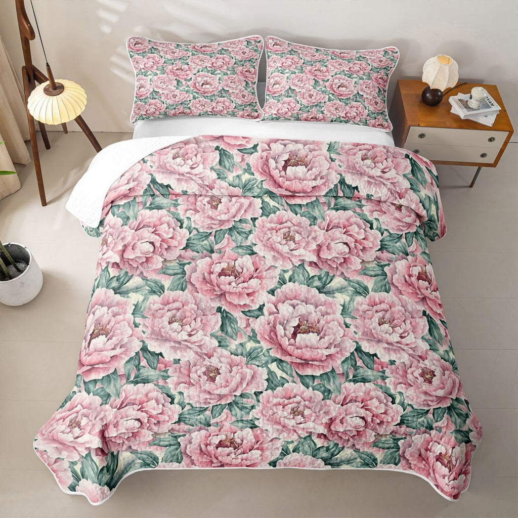 Pink Peonies Quilt Set Vintage Flowers Bedspread Garden Leaves Floral Coverlet for All Season Farmhouse